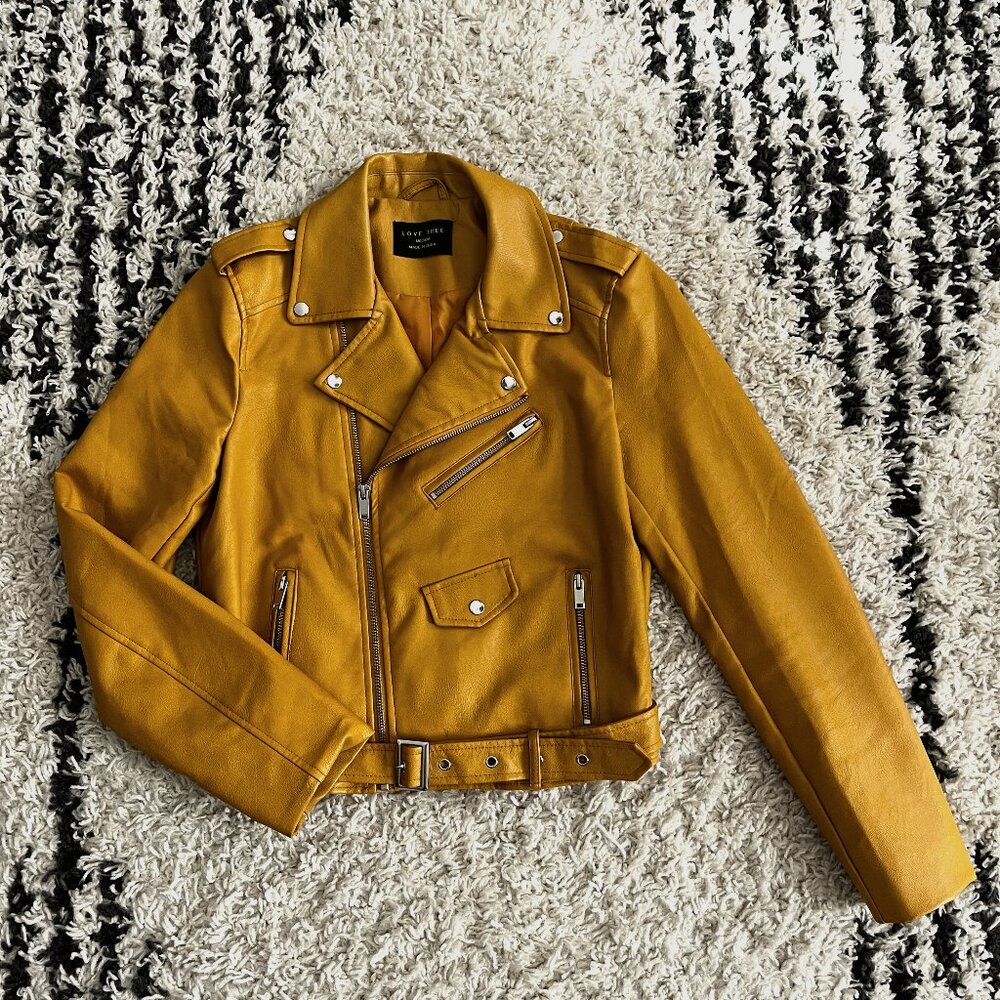 Vegan Leather Moto Jacket - Color: Mustard - Medium